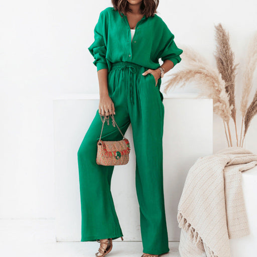 Color-Green-Set Loose Fitting Solid Color Long Sleeves Shirt Casual Lace up Two Piece Set-Fancey Boutique