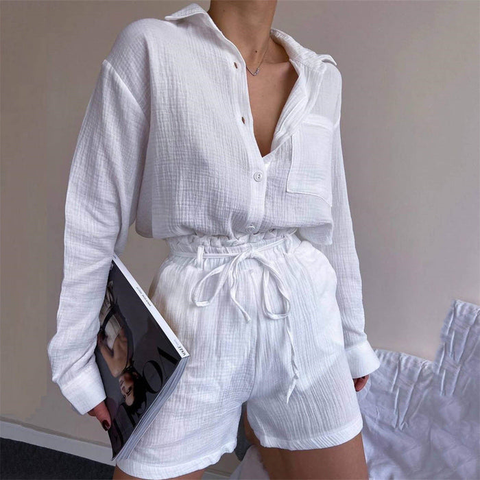 Color-White-Women Clothing Suit Pure Cotton Summer Collared Long Sleeve Shirt High Waist Pocket Shorts Two Piece Set-Fancey Boutique