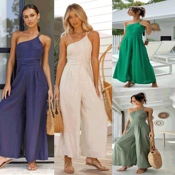 Spring Summer Solid Color Loose Wide-Leg Cotton Linen Jumpsuit