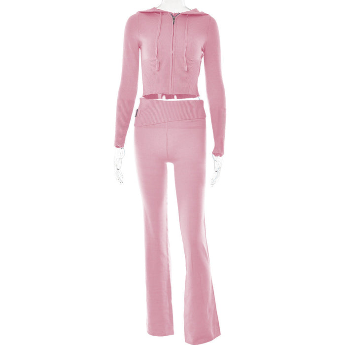 Color-Pink Suit-Knitted Hooded Women Sexy High Waist Long Sleeved Trousers Two Piece Set-Fancey Boutique