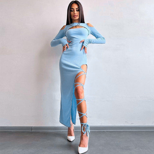 Color-Sexy Leggings Split Dress Autumn Women Clothing Solid Color Long Sleeve Hollow Out Cutout Dress-Fancey Boutique