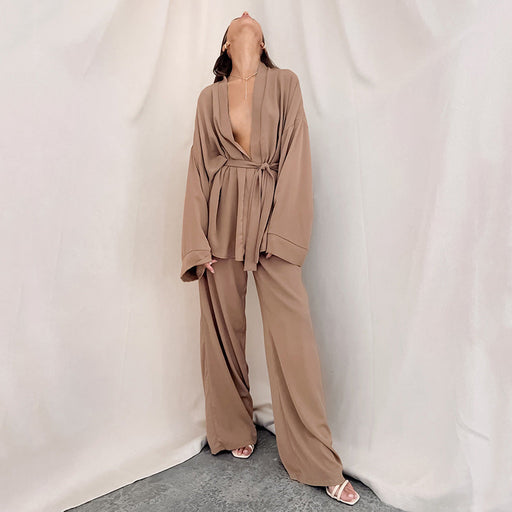 Color-Khaki-Fall French Loose Nightgown Trousers Chiffon Women Pajama Suit Solid Color Cotton Women Moisture Wicking Clothing-Fancey Boutique