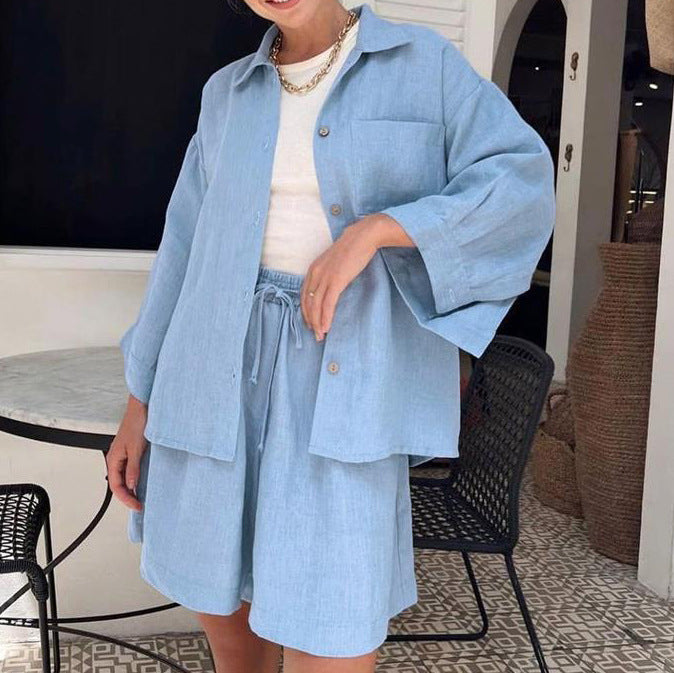 Color-Summer Cotton Long Sleeve Shorts Pajamas Casual Loose Nightgown Worn outside Ladies Homewear-Fancey Boutique