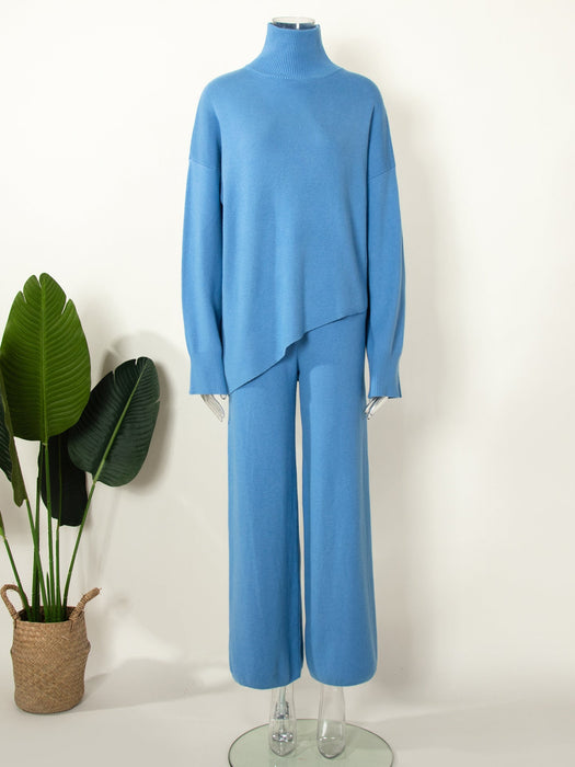 Color-Blue-Half Turtleneck Irregular Asymmetric Sweater Suit Elegant Beveled Sweater Knitted Wide Leg Pants-Fancey Boutique