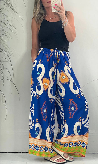 Color-Summer Autumn Printed Pocket Casual Loose Wide Leg Pants Thin Women Trousers-Fancey Boutique