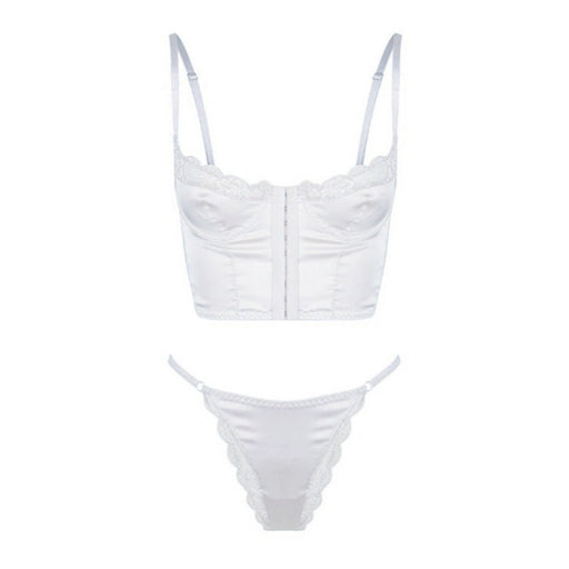 Color-White-Bohemian Buckled Front Shaped Back Corset Satin Satin Lace Edge Sexy Vest Bra Set Women-Fancey Boutique