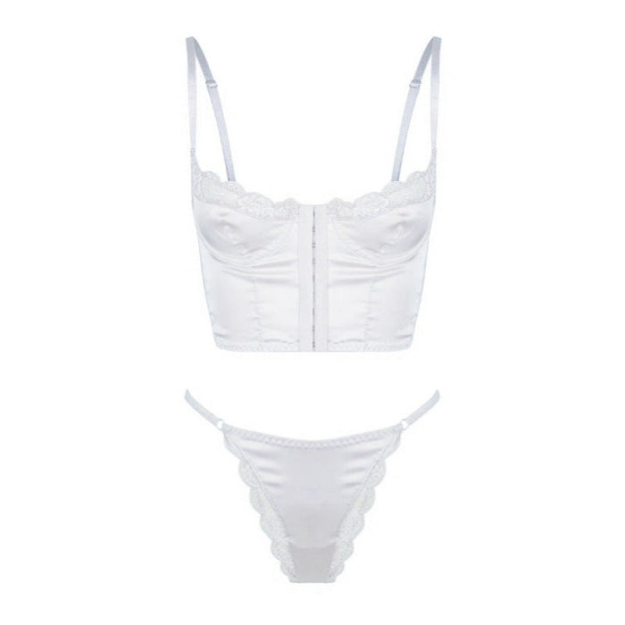 Color-White-Bohemian Buckled Front Shaped Back Corset Satin Satin Lace Edge Sexy Vest Bra Set Women-Fancey Boutique