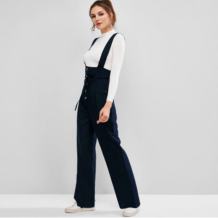 Color-Women Clothing Wide Leg Waist Button Jumpsuit Women Casual Suspender Trousers-Fancey Boutique