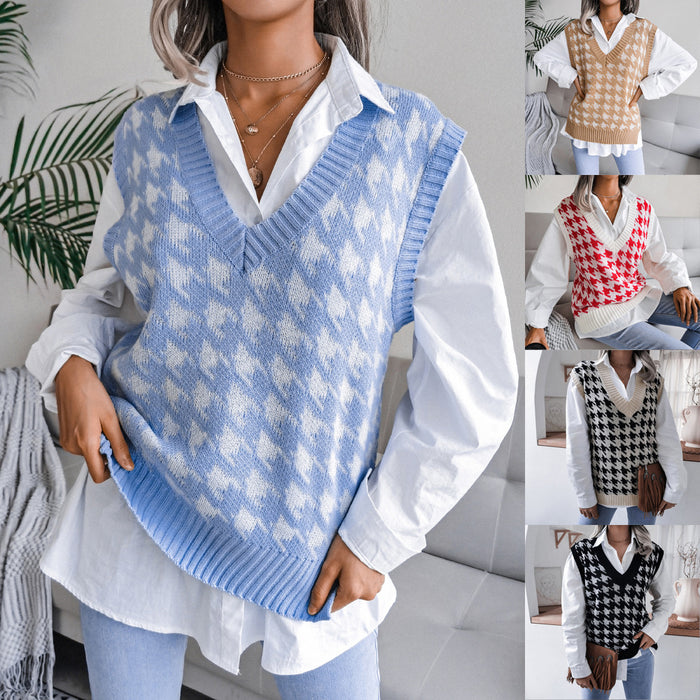 Color-Autumn Winter V-neck Houndstooth Casual Loose Knitted Vest Sweater Waistcoat Women Clothing-Fancey Boutique