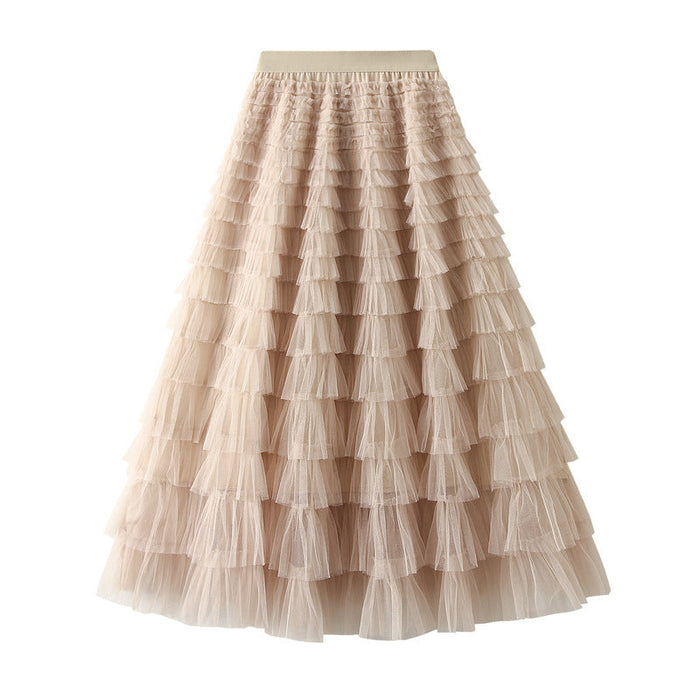 Color-Mesh Tiered Skirt Women Spring Autumn Dress Fairy White Yarn Skirt Pleated-Fancey Boutique