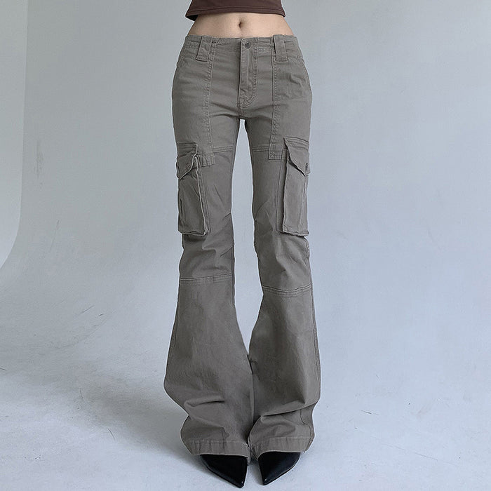 Color-Autumn Winter Fashionable Street Low Waist Bootcut Trousers Lines Split Pocket Patchwork Cargo Pants Trousers-Fancey Boutique