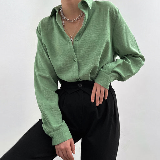 Color-Spring Avocado Green Collared Single Breasted Shirt Women High Grade Casual Long Sleeve-Fancey Boutique