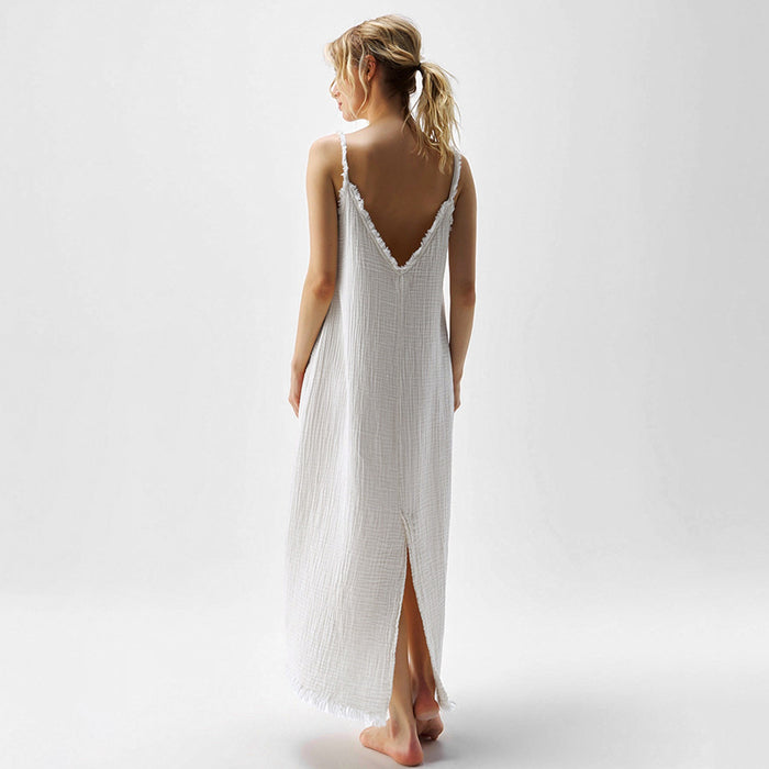 Color-Autumn Sexy Braces in White Nightdress Loose Casual Deep V Plunge neck Backless Split Women Home Wear-Fancey Boutique