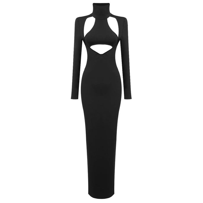 Color-Black-Black Cut out Turtleneck Long Sleeve Design Dress See through Stitched Backless Women-Fancey Boutique