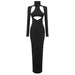 Color-Black-Black Cut out Turtleneck Long Sleeve Design Dress See through Stitched Backless Women-Fancey Boutique