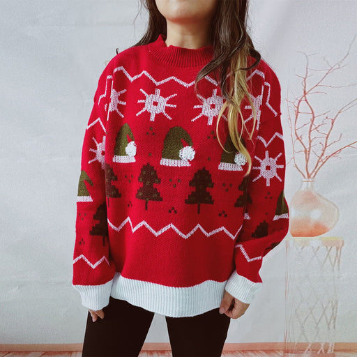 Color-Autumn Winter Christmas Sweater Year Sweater Round Neck Long Sleeve Christmas Hat Pullover Women-Fancey Boutique