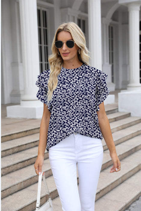 Color-Blue Background Floral-Women Summer round Neck Printed Ruffled Short Sleeves Chiffon Shirt Floral Pullover T shirt-Fancey Boutique
