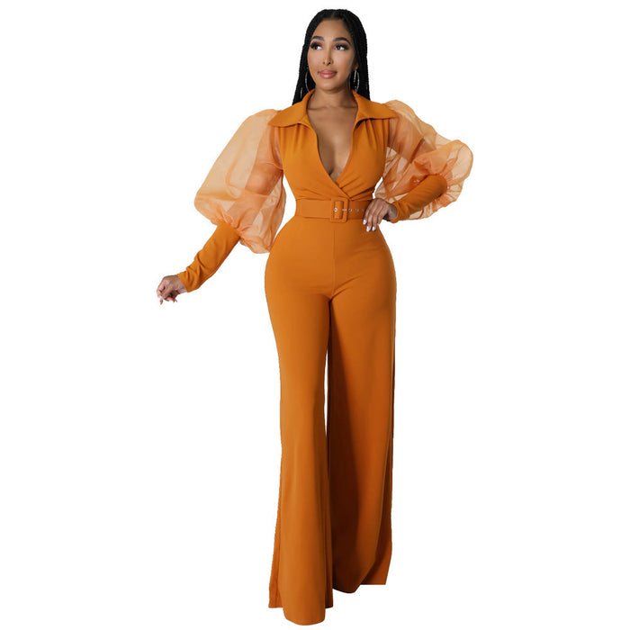 Color-Orange-V-neck Mesh Puff Sleeve Special Women Clothing Loose Flared Jumpsuit-Fancey Boutique