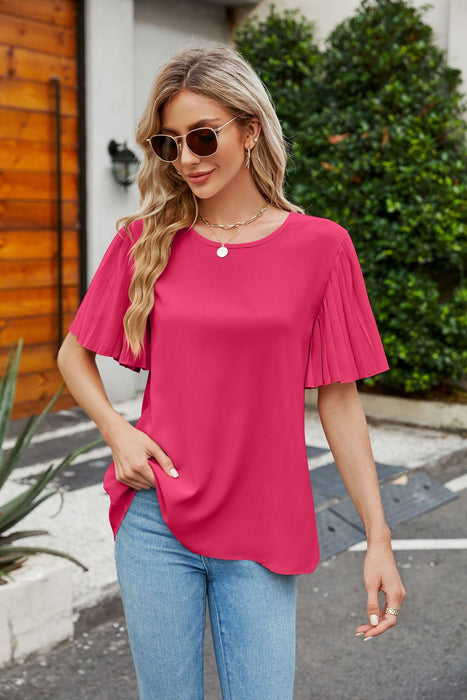 Color-Coral Red-Summer Women Clothing Ice Silk Zou Folding Bell Sleeve round Neck Top-Fancey Boutique