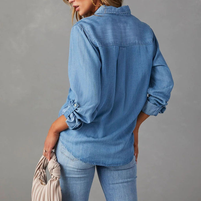 Color-Denim Shirt Autumn Casual Collared Single Breasted Women Long Sleeved Denim-Fancey Boutique