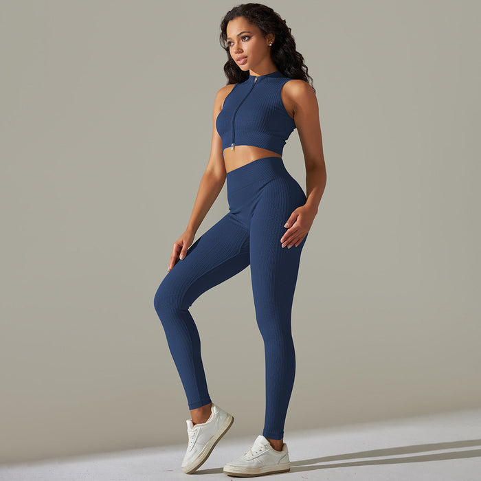 Color-Dark Blue-Seamless Knitted Zipper Thread Sexy Sports Vest Pants Yoga Clothes Fitness Suit Women-Fancey Boutique