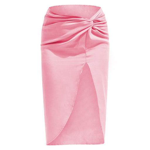 Color-Pink-High Waist French Twist Irregular Asymmetric Skirt Sexy Solid Color Satin Split Package Hip with a Zipper Long Skirt for Women-Fancey Boutique