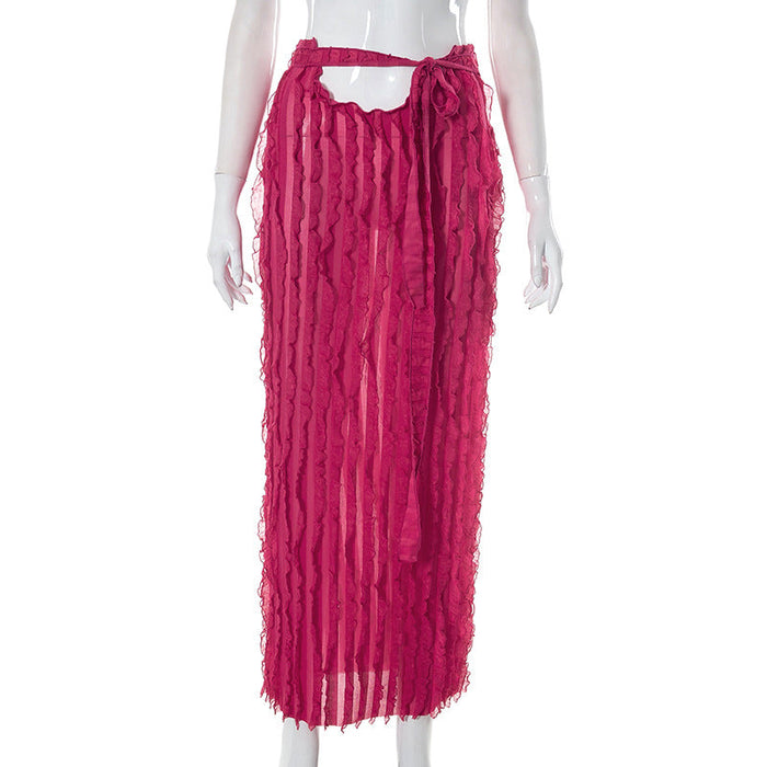 Color-Coral Red-Women Sources Wave Pattern Ruffled Tied Sexy Cropped Skirt-Fancey Boutique