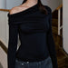 Color-Waste Soil Niche Pleated Swing Collar Long Sleeved T Shirt Women Solid Color Off The Shoulder Two Way Bottoming Top Autumn-Fancey Boutique