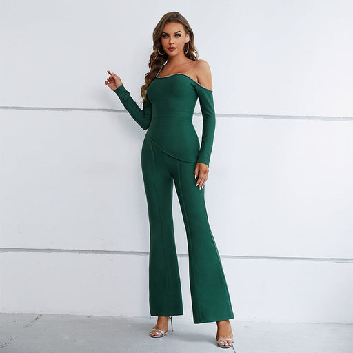 Color-blackish green-Autumn Winter Women Clothing High End Long Sleeve Diamond Two Piece Set Bell Bottom Pants-Fancey Boutique