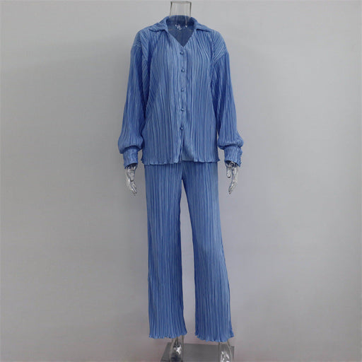 Color-Blue-Summer Sexy Suit Women Clothing Pleated Long Sleeve V neck Shirt Casual Pants Two Piece Set-Fancey Boutique