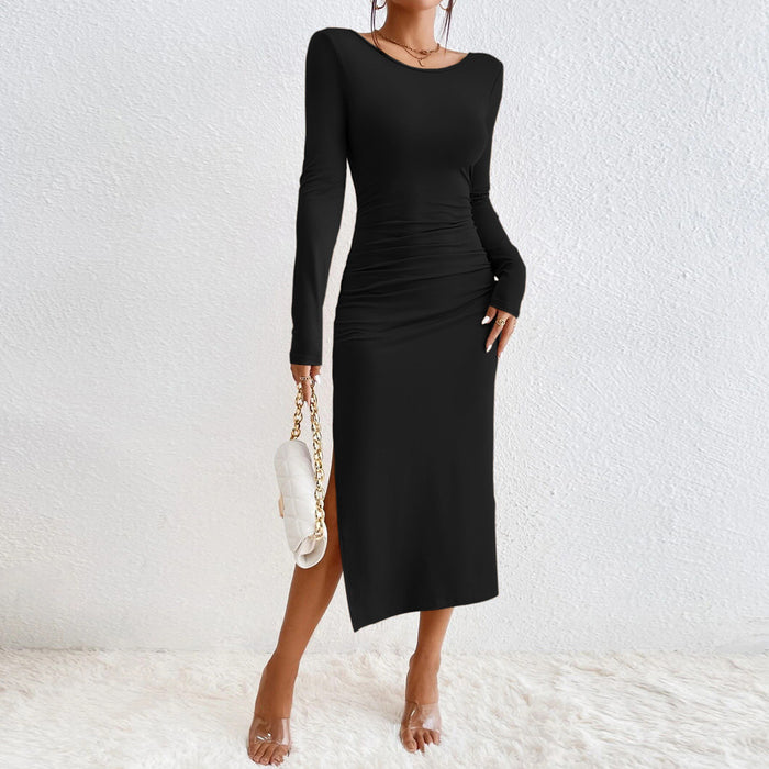 Color-Autumn Winter Women Sexy Backless round Neck Long Sleeve Sheath Dress-Fancey Boutique