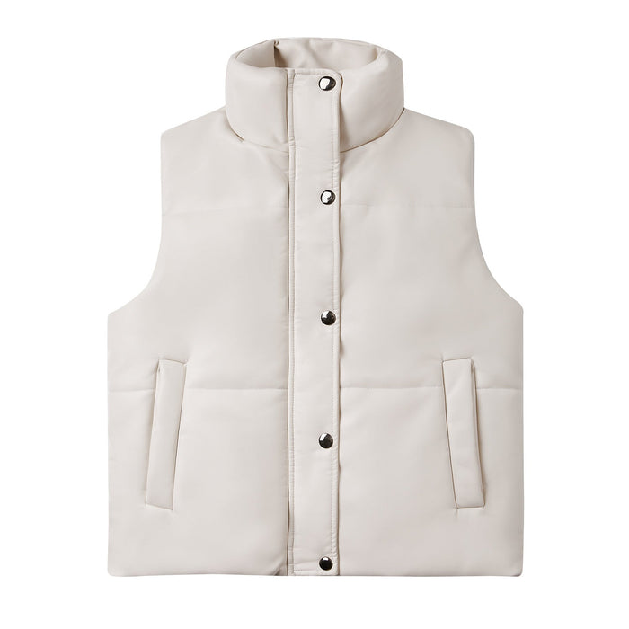 Color-White-Autumn Winter Women Leather Waistcoat Sleeveless Quilted Zipped Cotton Padded Jacket Stand Collar-Fancey Boutique