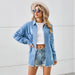 Color-Water Washed Hole Denim Shirt Long Sleeve Frayed Top for Women-Fancey Boutique