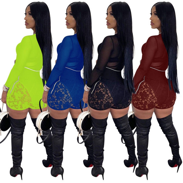Color-Black-Women Clothing Women Sexy Lace Breathable Casual Shorts Mesh Top Suit-Fancey Boutique