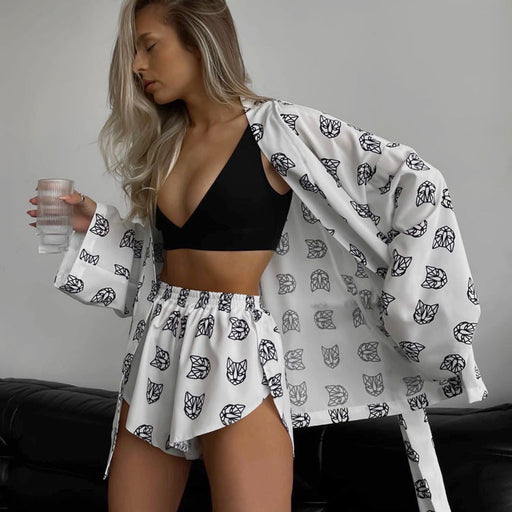 Color-Loose Women Printed Wear Casual Lace up Long Sleeved Pajamas High Waist Shorts Suit Home Wear-Fancey Boutique