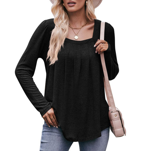 Color-Black-Women Autumn Winter Casual Square Collar Pleated Long Sleeve T shirt-Fancey Boutique