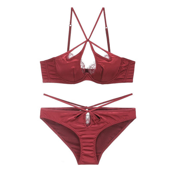 Color-Red Suit-French Sexy Underwear Glossy Cutout Eyelash Lace Thin Soft Steel Ring Criss Cross Strap Push up Bra Set-Fancey Boutique