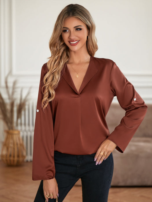 Color-Brown-Fall Winter Women Clothes Wind V neck Casual Solid Color Loose Long Sleeves Top-Fancey Boutique