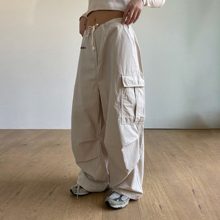 Color-Loose Low Waist Contrast Color Drawstring Large Pocket Overalls Pleated Small Letter Graphic Embroidery Casual Straight Leg Woven Pants-Fancey Boutique