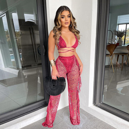 Color-Women Clothing Summer Lace Hollow Out Cutout Bikini Ruffled Wide Leg Pants Two Piece Set Including Underwear-Fancey Boutique
