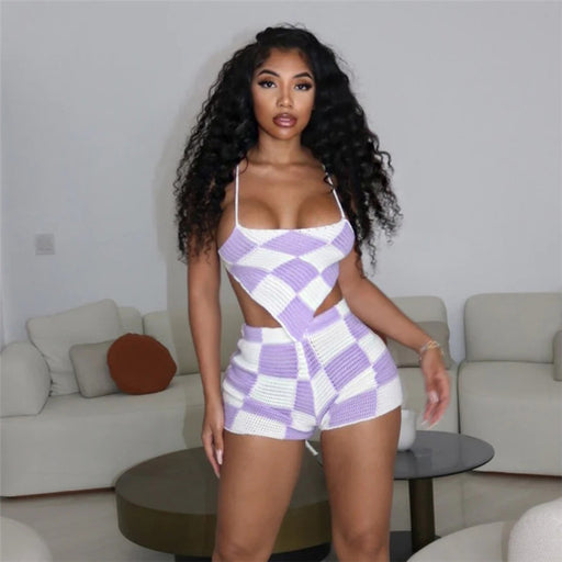 Color-Summer Women Clothing Sexy Cutout Knitted Halterneck Vest High Waist Slimming Sheath Shorts Set-Fancey Boutique