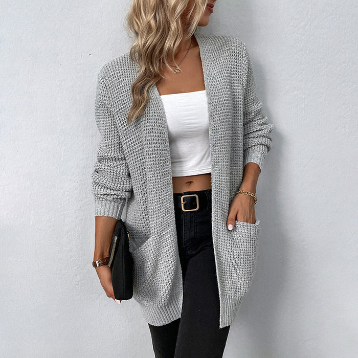 Color-Gray-Autumn Winter Women Knitted Sweater Solid Color Pocket Sweater Women Cardigan Coat-Fancey Boutique