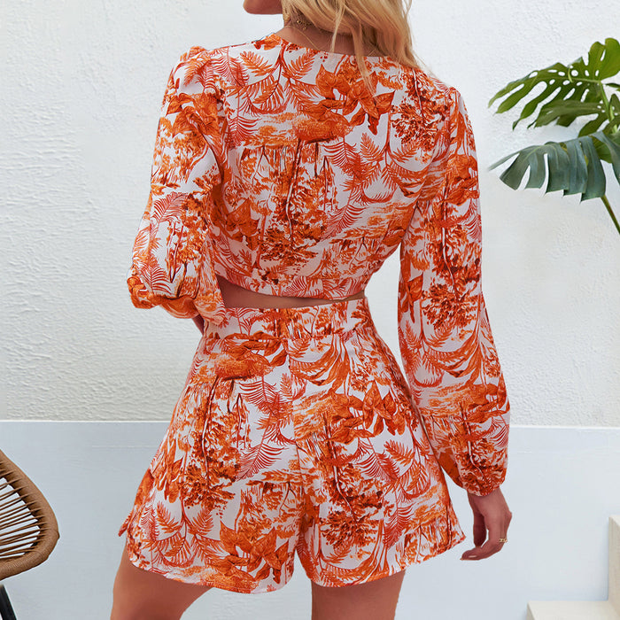 Color-Summer Women Clothing Printed Waist Lace up Deep V Plunge Long Sleeve Cropped Outfit Top Shorts Set-Fancey Boutique