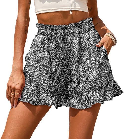 Color-Gray-Summer Women Clothing Chiffon Printed Casual Pocket Nipped Waist Shorts-Fancey Boutique