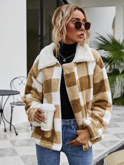 Color-Autumn Winter Zipper Collared Plush Plaid Coat Loose Office Women Outerwear-Fancey Boutique