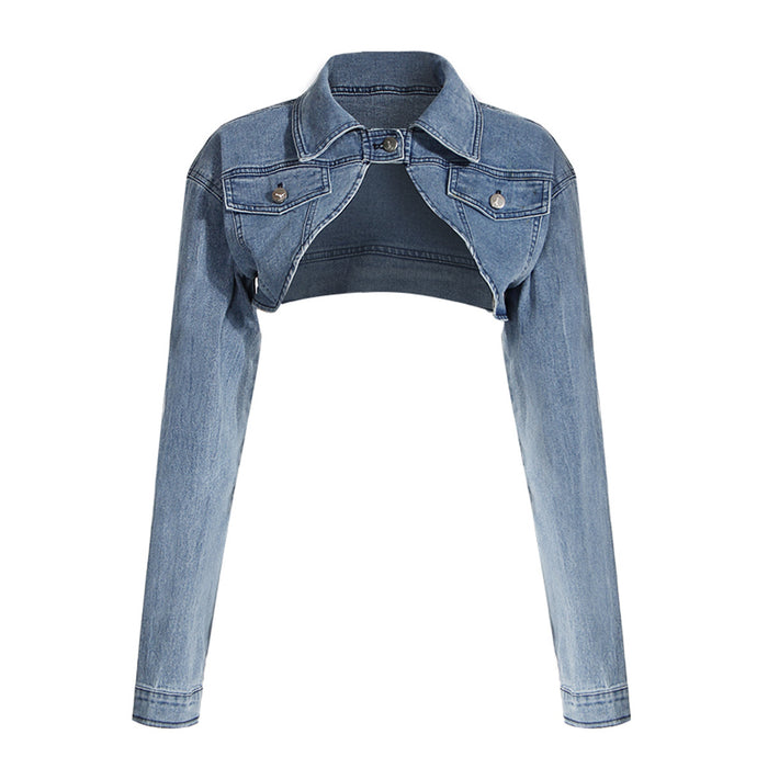 Color-Two Piece Sexy Ultra Short Denim Jacket Collared Retro Long Sleeve Shawl Gradient Jeans Suit-Fancey Boutique