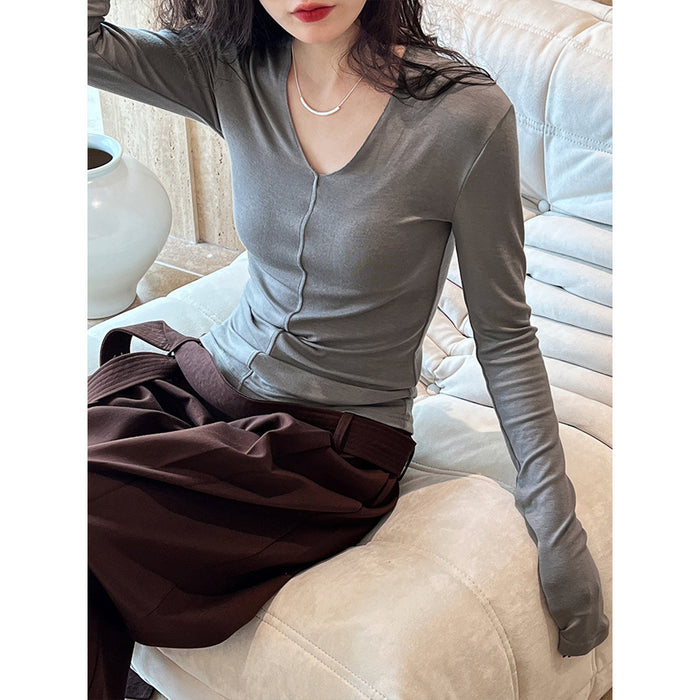 Color-High End Minimalist Mid Seam V neck Long Sleeve Bottoming Shirt Spring Slim Top-Fancey Boutique