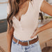Color-Neck Button Short Sleeve T-shirt Summer Breathable Slim Fit Women Clothing Top-Fancey Boutique