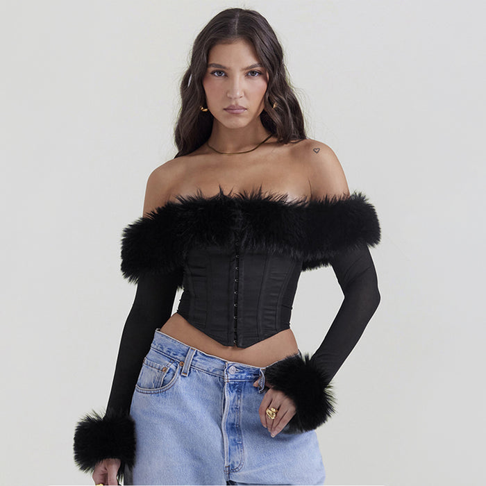 Color-Autumn Winter Sexy Wear Fur Collar off Shoulder Boning Corset Long Sleeve Short Slim Top Women Clothing-Fancey Boutique