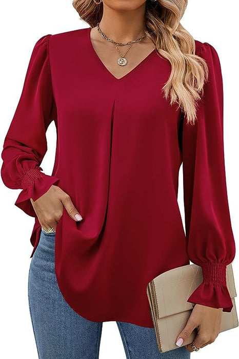 Color-Burgundy-Women Clothing Autumn Winter Solid Color Chiffon Shirt V Neck Pullover Horn Long Sleeve Top Shirt-Fancey Boutique